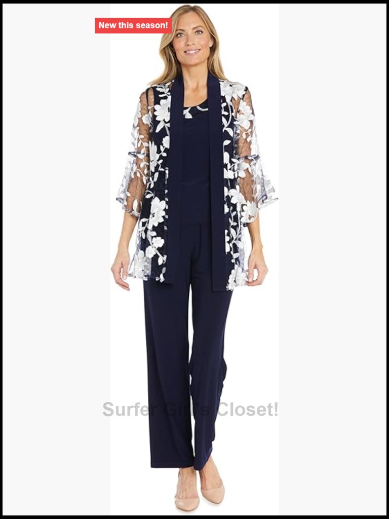 3-Piece Floral Threadwork Pantsuit Set With Bell Sleeve Duster